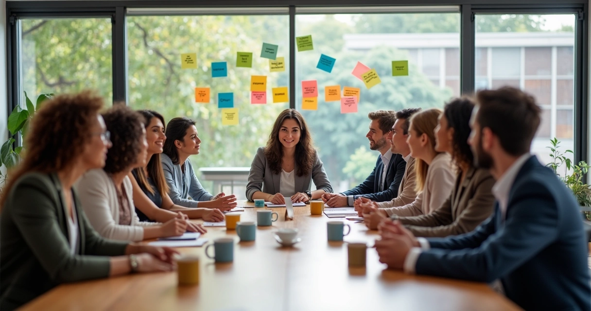 Equipe de colaboradores reunida, sorrindo e conversando à mesa de trabalho 