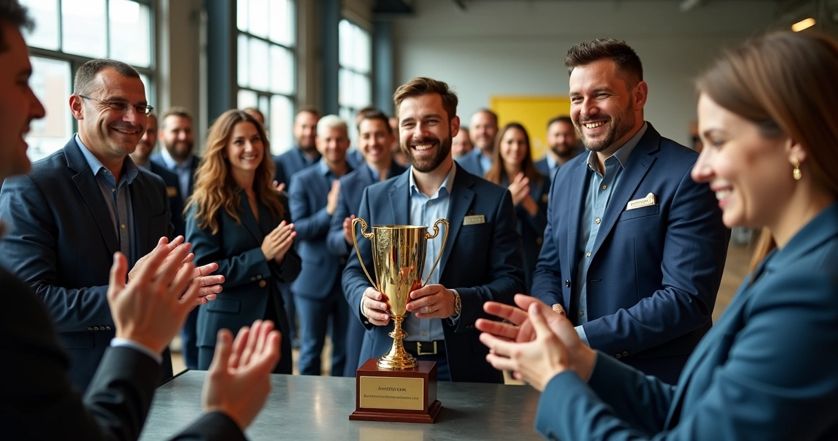 Equipe recebendo troféu personalizado de segurança no trabalho 