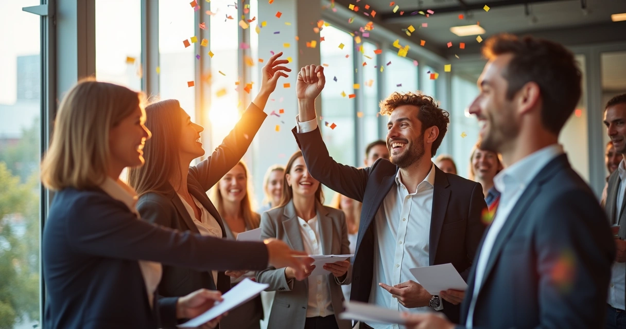 Colaboradores comemorando ao receberem certificados de treinamento