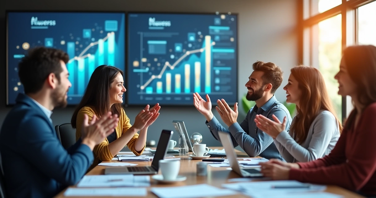 Colaboradores comemorando resultado positivo em ambiente corporativo
