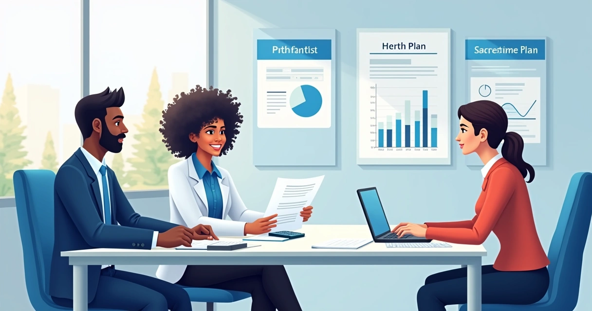 Três profissionais analisam documentos de plano de saúde, gráficos ao fundo mostram comparação de custos e coberturas. 