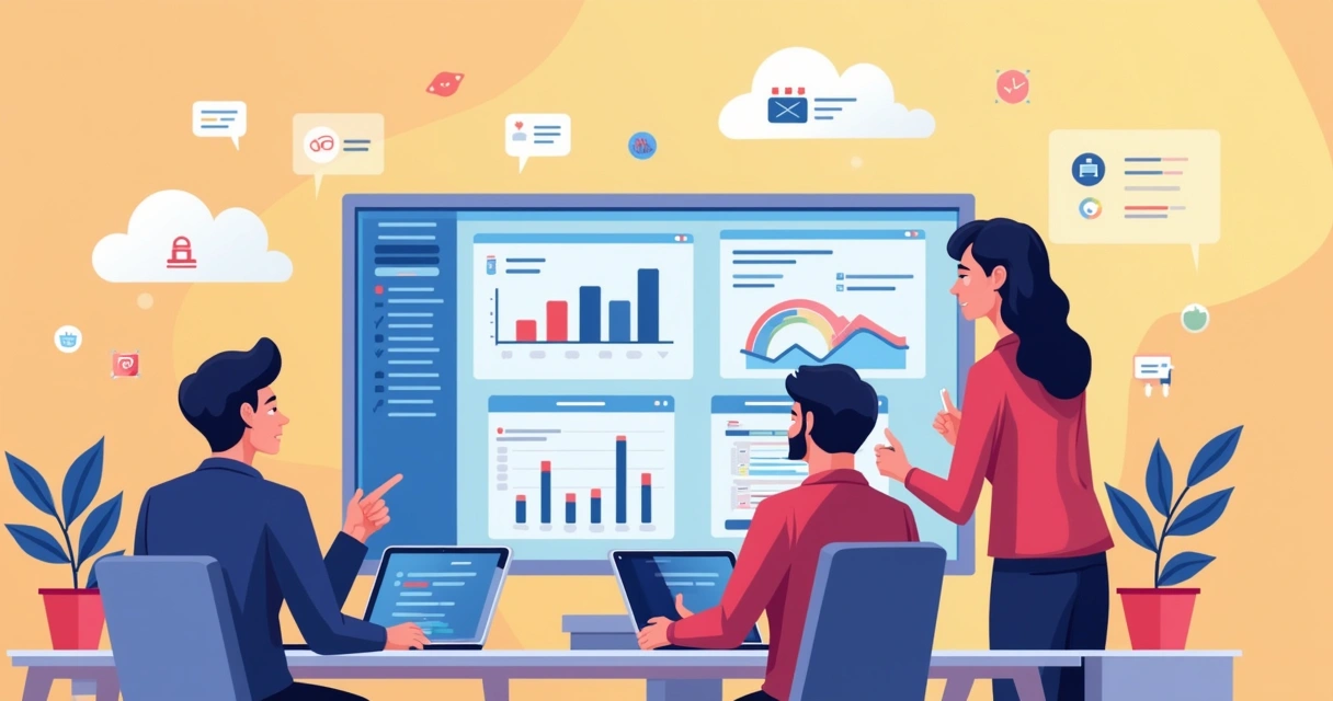 Colaboradores de TI trocando conhecimento em frente a telas com gráficos e nuvem