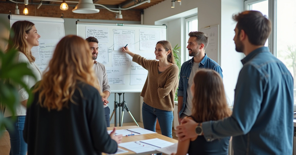 Colegas de equipe compartilhando ideias durante discussão 