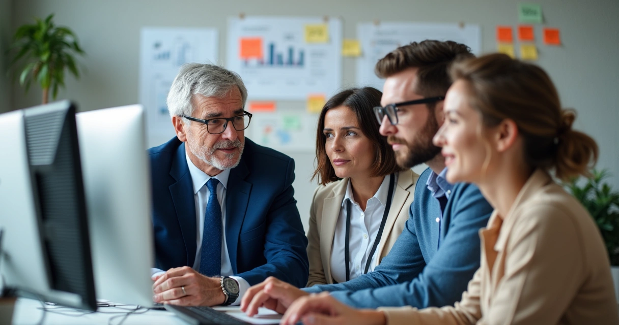 Colaboradores de diferentes idades reunidos ao redor de um computador 