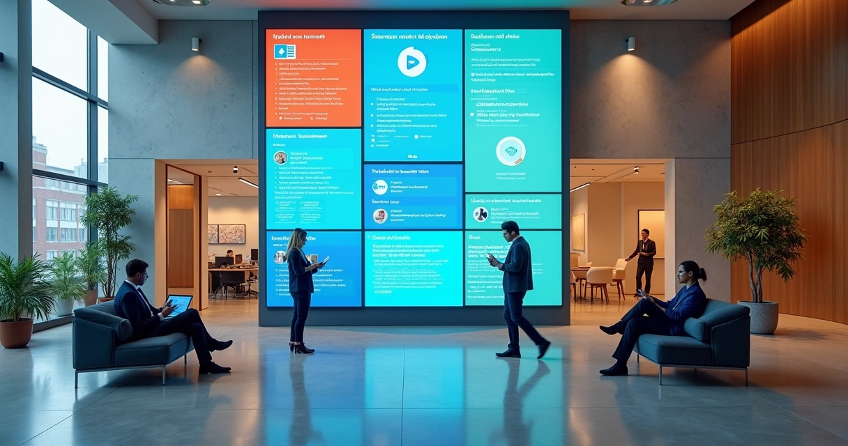 Colaboradores em espaços diferentes conectados por tela gigante de comunicação digital 