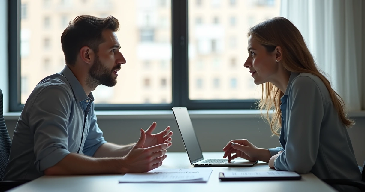 Dois colegas de trabalho praticando escuta ativa no escritório 