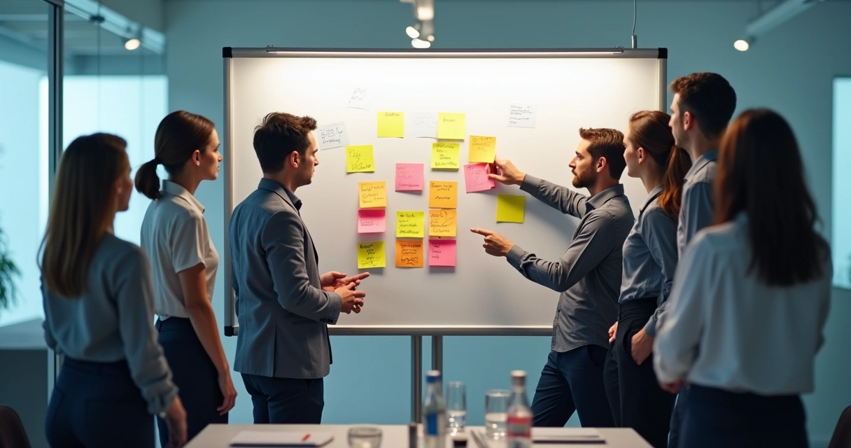 Equipe uniformizada discute frente a quadro branco com post-its coloridos. 
