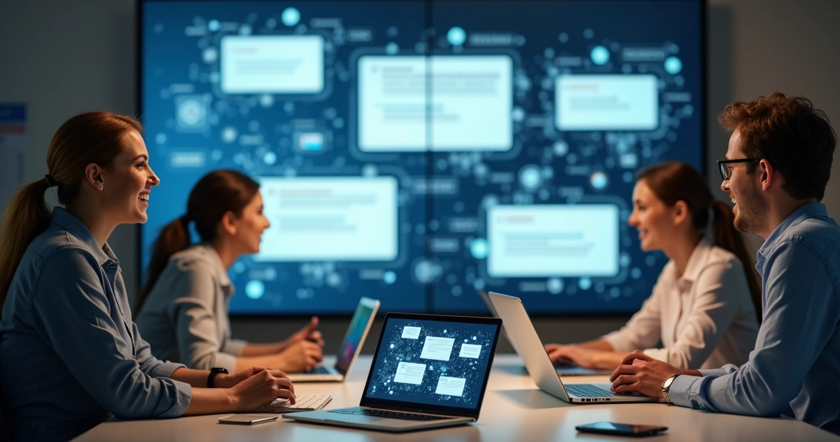 Colaboradores conectados trocando feedback em plataformas digitais 