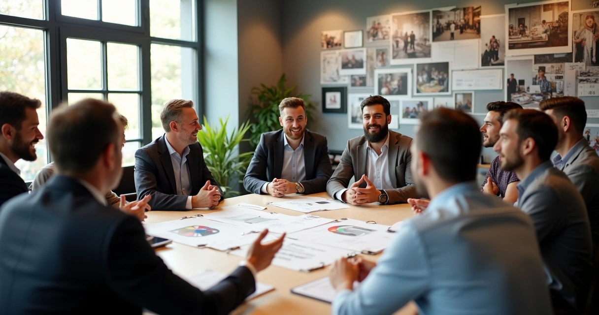Colaboradores em roda compartilhando histórias de trabalho 
