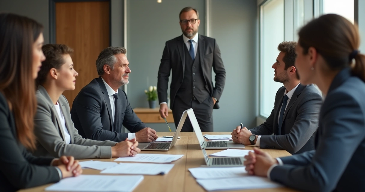 Equipe de colaboradores reunida conversando em sala de reunião durante crise