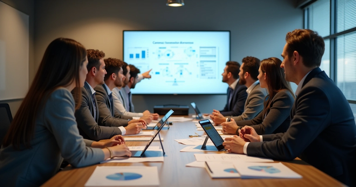 Equipe em reunião discutindo estratégias de comunicação 