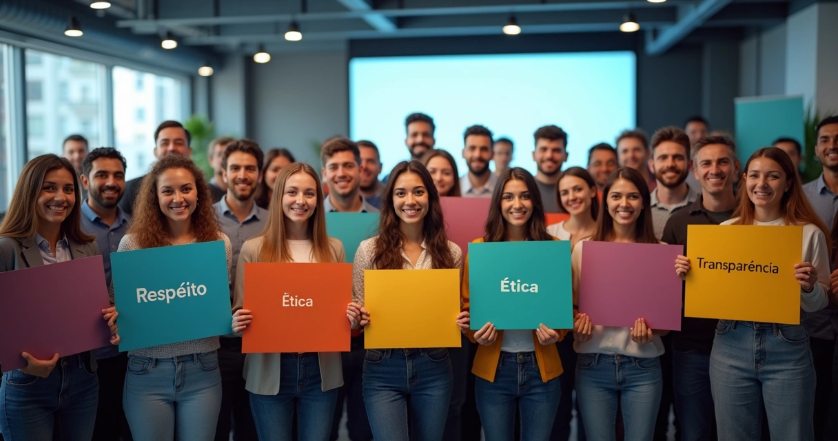 Equipe diversa de colaboradores em evento interno da empresa com cartazes de valores 