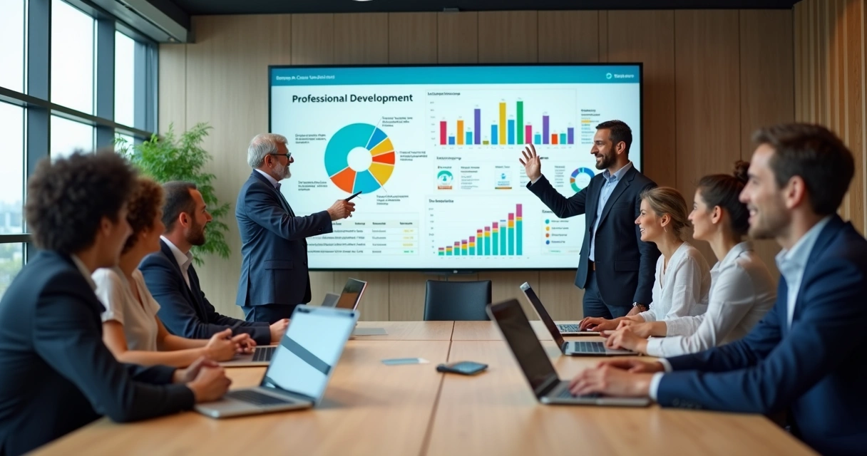 Equipe de escritório reunida em frente a uma tela planejando desenvolvimento profissional 
