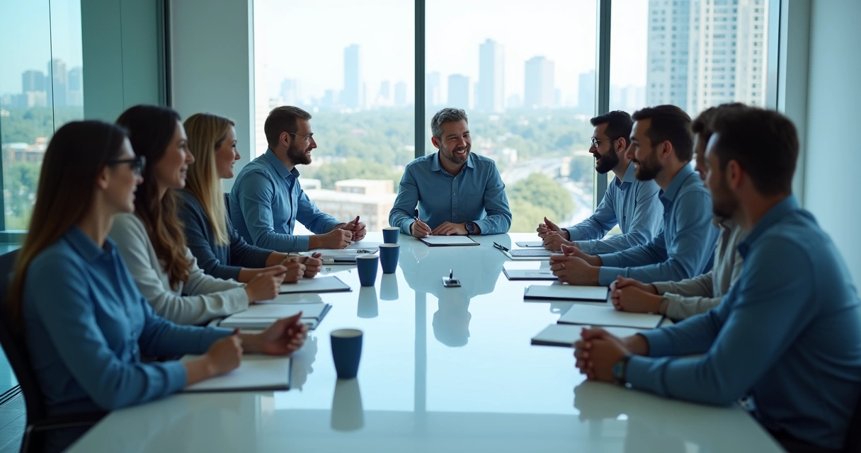 Pessoas em ambiente de trabalho conversando em uma sala de reunião 