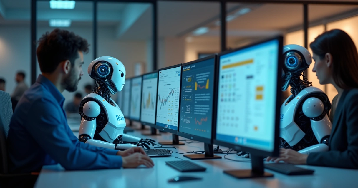 Equipe contábil ao lado de colaboradores digitais Robolabs analisando telas 