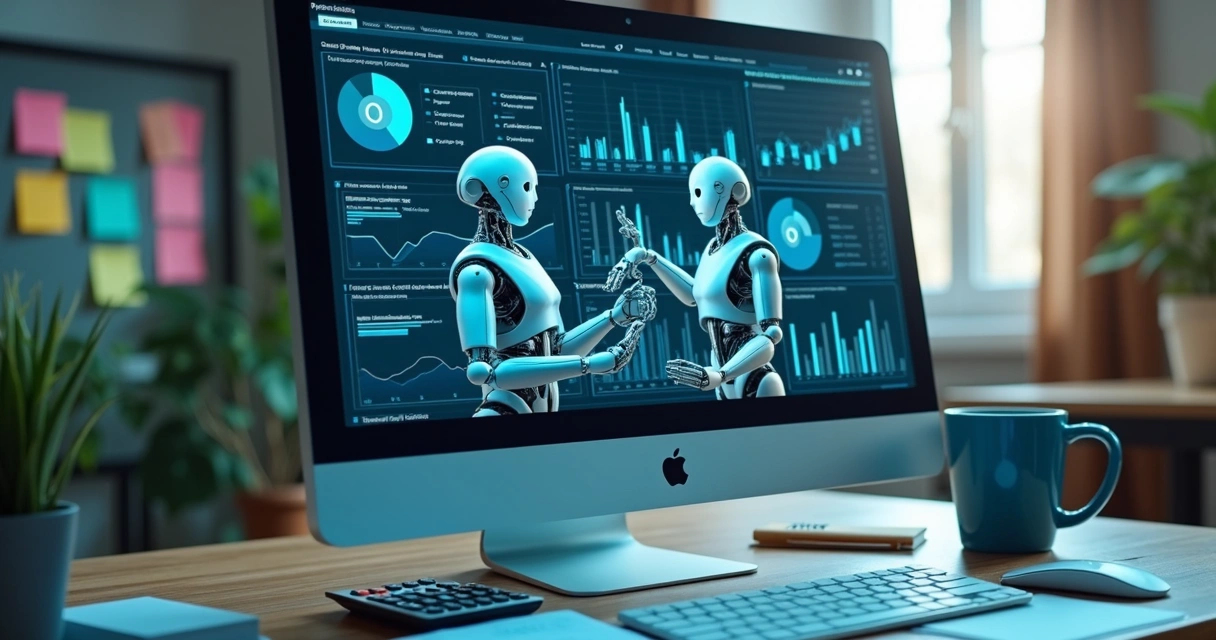 Tela de computador com desenhos de robôs digitais interagindo em gráficos financeiros. 