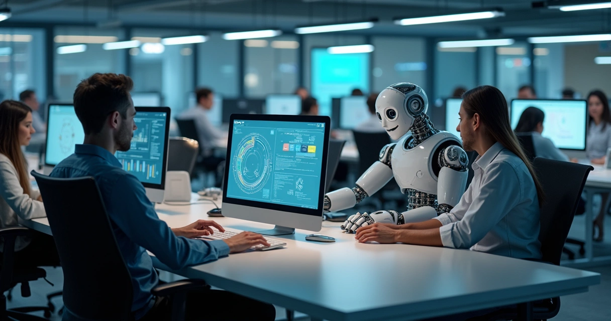 Robôs digitais operando computadores em escritório moderno 