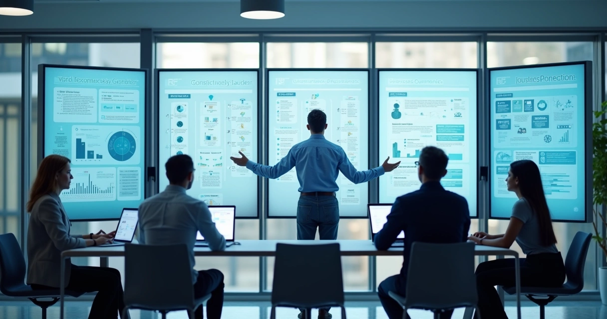 Equipe de profissionais trabalhando junto a avatares digitais em escritório moderno 