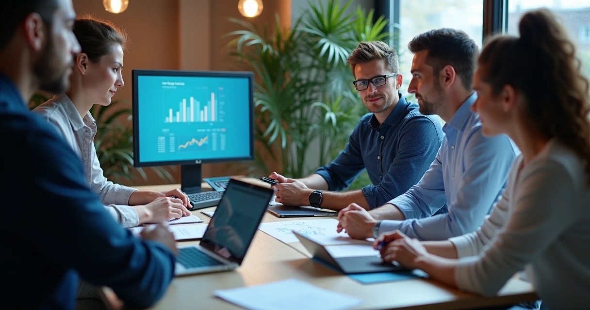 Equipe de colaboradores reunidos em frente a computadores analisando feedbacks digitalmente 