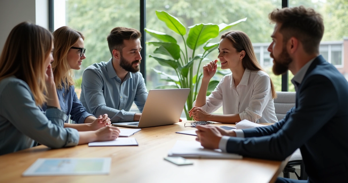 Colaboradores sentados ao redor de uma mesa, conversando de maneira colaborativa, com expressões serenas 