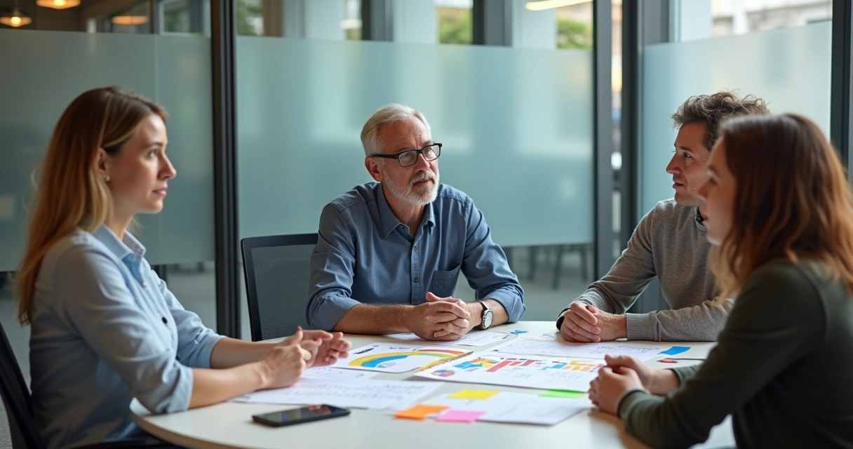 Três colaboradores sentados à mesa analisando gráficos e trocando ideias, com parede de vidro ao fundo 