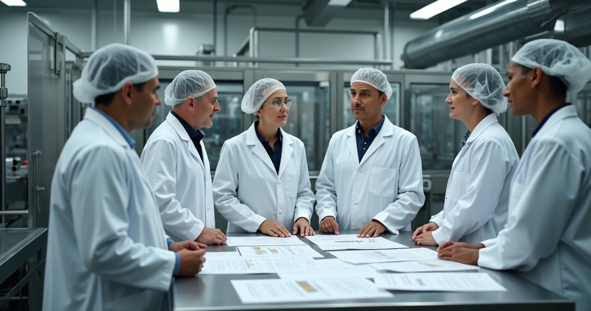 Colaboradores discutindo mudança em indústria de alimentos 