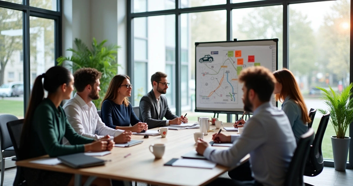 Equipe de colaboradores reunida discutindo em ambiente corporativo luminoso 