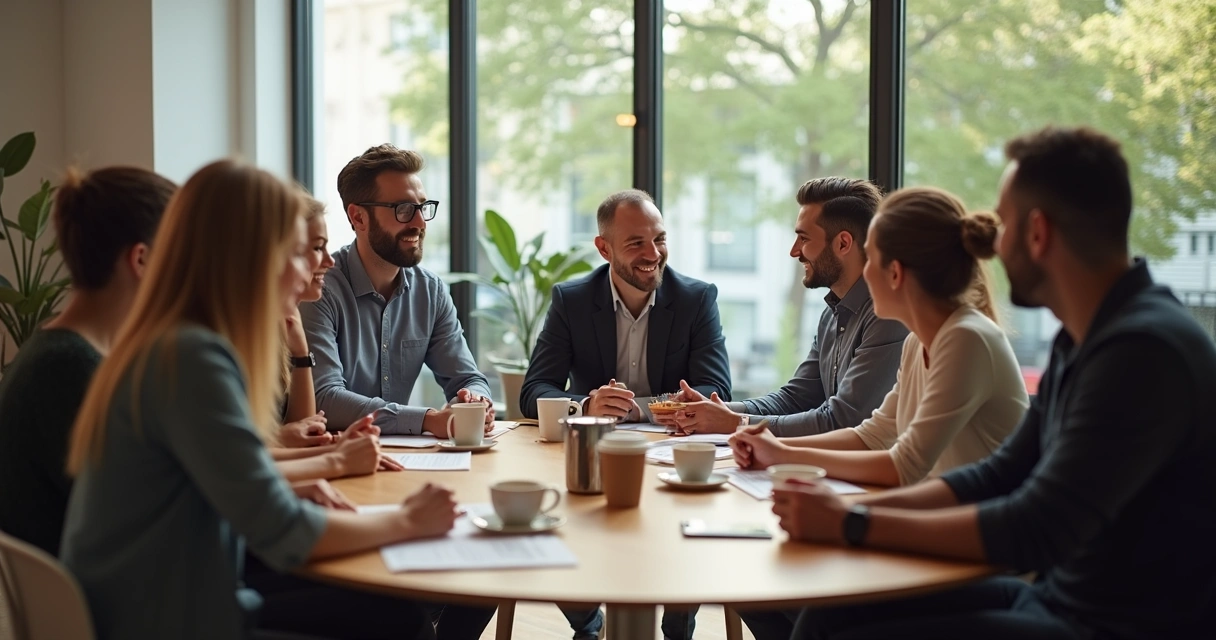 Equipe conversando durante pausa para café 