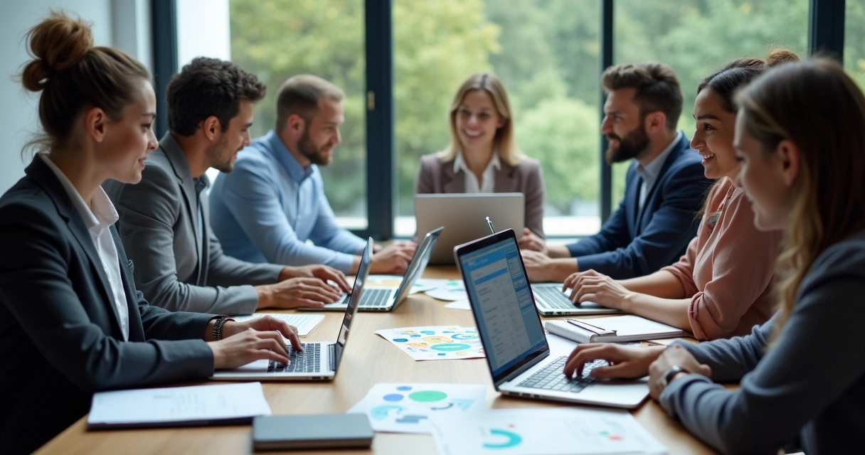 Colaboradores reunidos em uma sala de reunião analisando permissões em computadores 