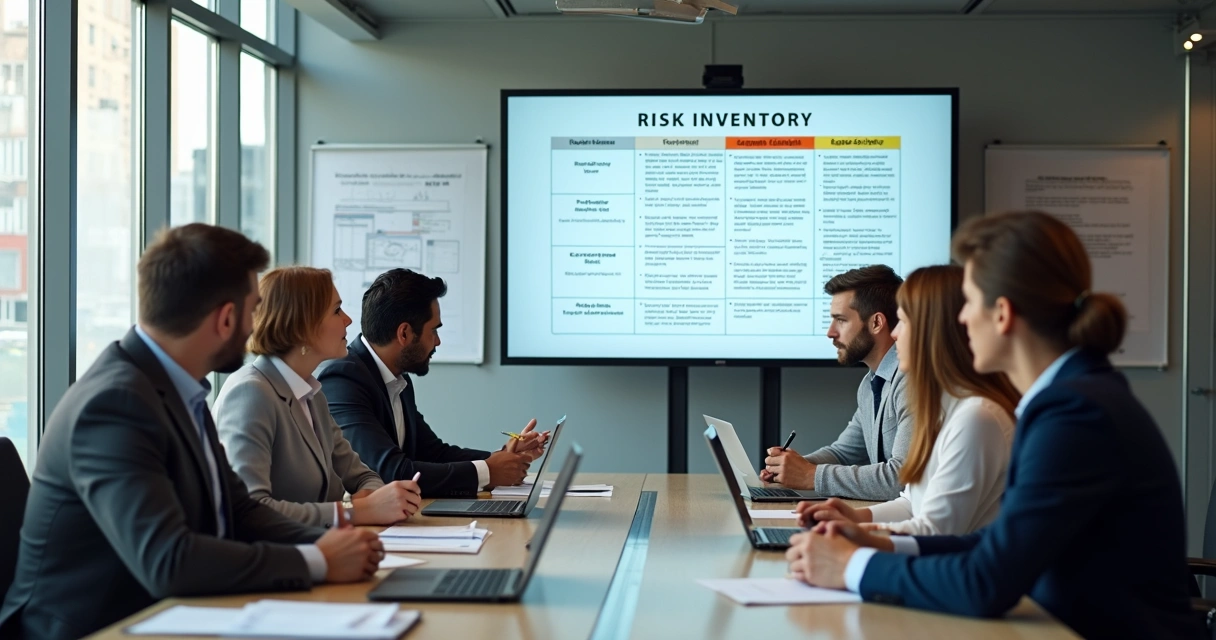 Equipe de trabalho reunida analisando inventário de riscos no ambiente corporativo 