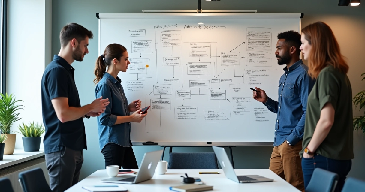 Equipe de desenvolvedores discutindo arquitetura de software com quadro branco e anotações 