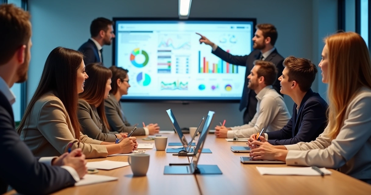Equipe de colaboradores analisando gráficos de resultados em uma sala de reunião 