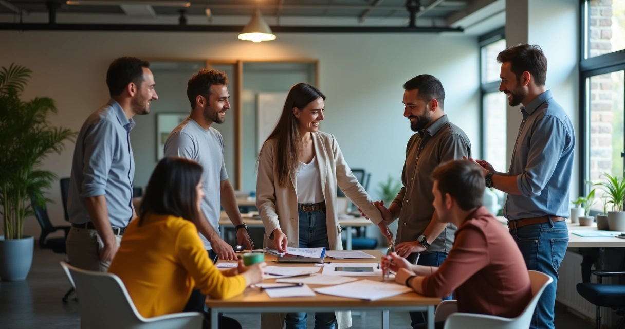 Colaboradores diversos interagindo em ambiente colaborativo 
