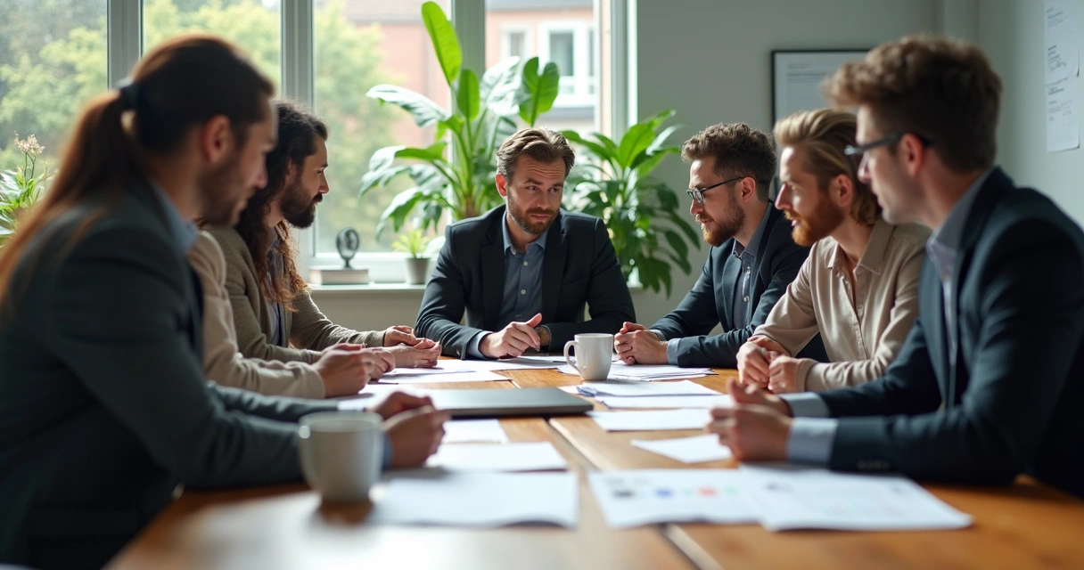 Grupo diverso de colaboradores reunidos ao redor de uma mesa, discutindo papéis e documentos. 