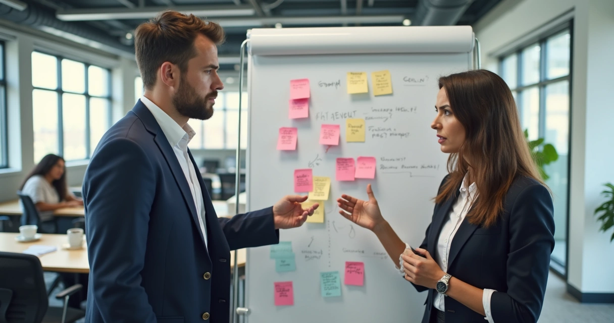 Dois colegas de trabalho diante de quadro branco, debatendo em dúvida sobre decisão ética 