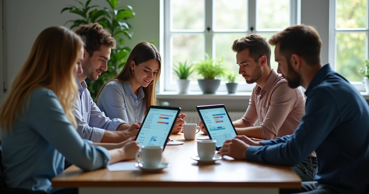 Colaboradores fazendo curso online em tablets no ambiente de trabalho 