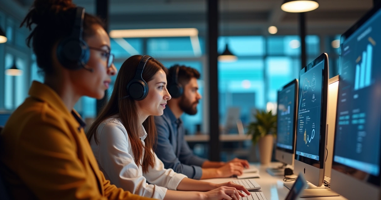 Colaboradores usando tecnologia de chat de voz em um escritório moderno