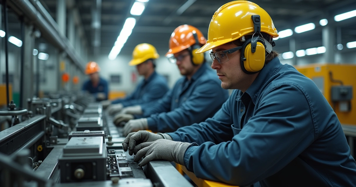 Colaboradores usando EPI em ambiente industrial 