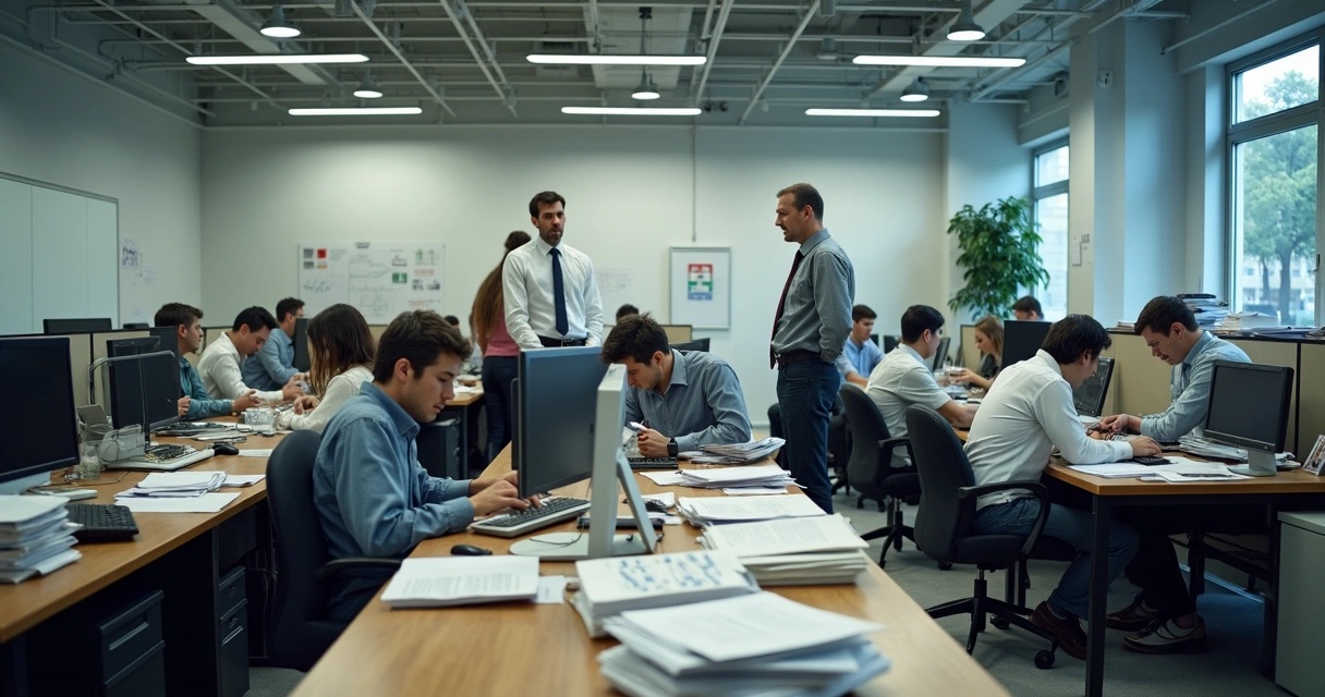 Funcionários analisando planilhas e documentos em ambiente de escritório com poucos computadores 