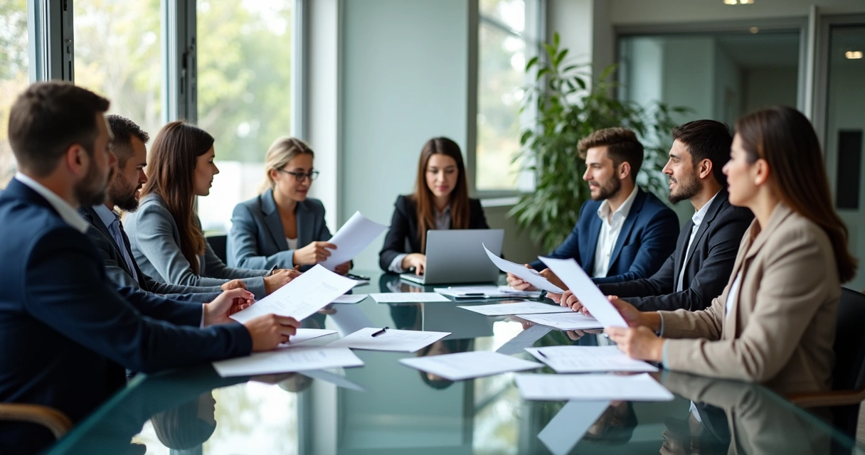 Colaboradores conversando em reunião em uma sala moderna 