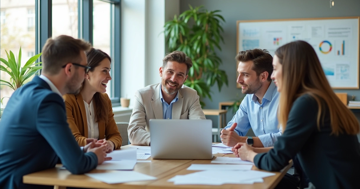 Equipes de colaboradores reunidas em mesa de reunião na empresa 