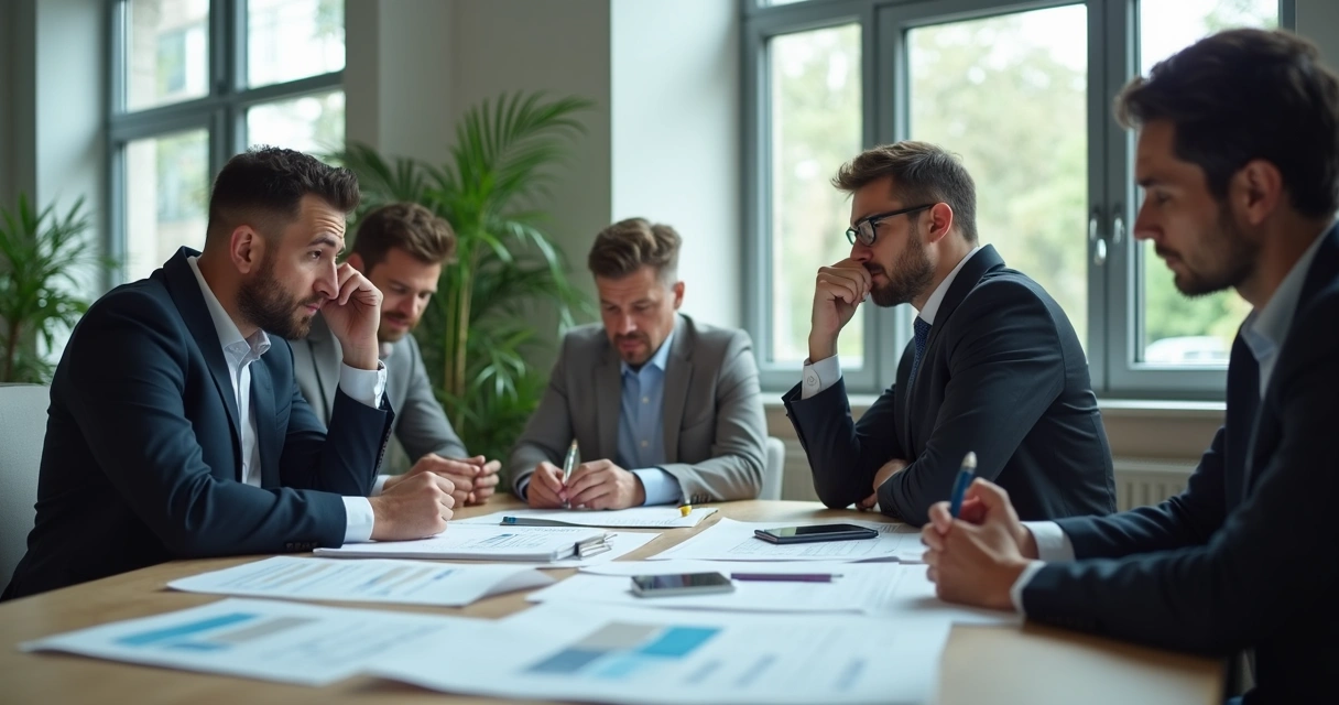 Colaboradores reunidos em ambiente corporativo com expressões de estresse
