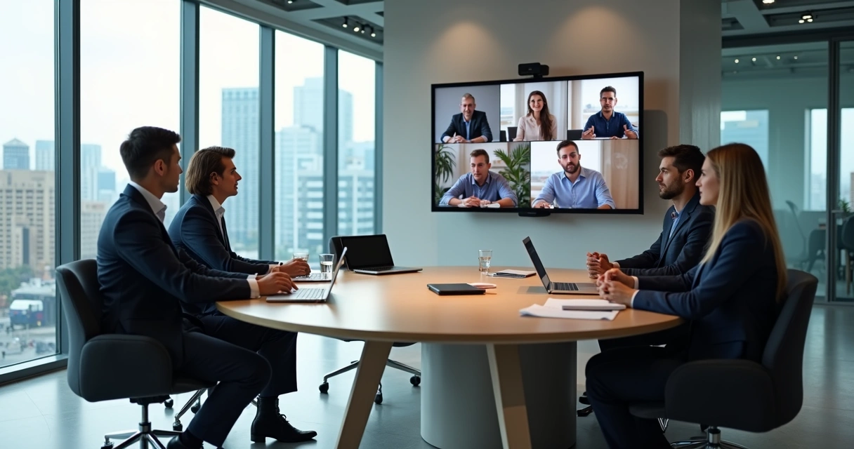 Colaboradores interagindo em reunião híbrida, alguns na mesa e outros em videochamada 