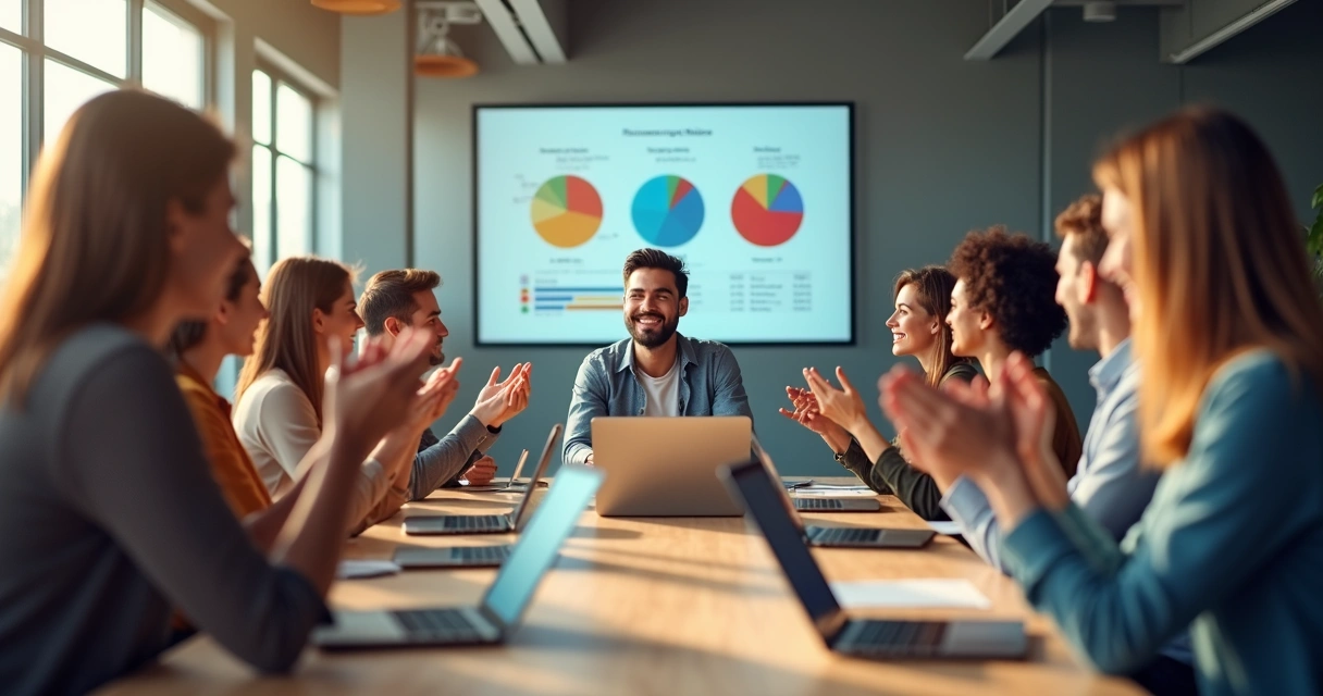 Colaboradores em reunião comemorando reconhecimento em ambiente corporativo moderno 