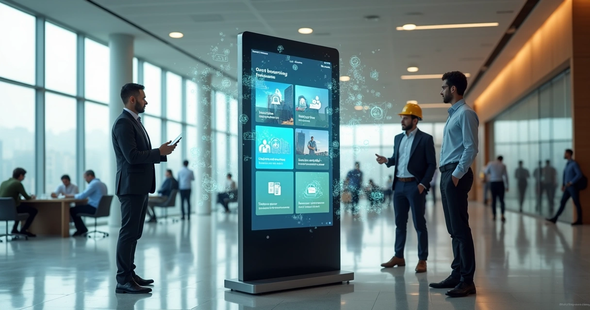 Profissionais em recepção moderna acessam conteúdos em grande totem de treinamento digital 