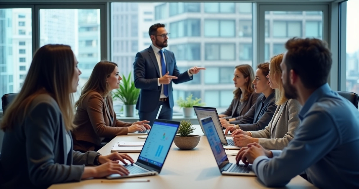 Equipe atenta durante um treinamento de tecnologia