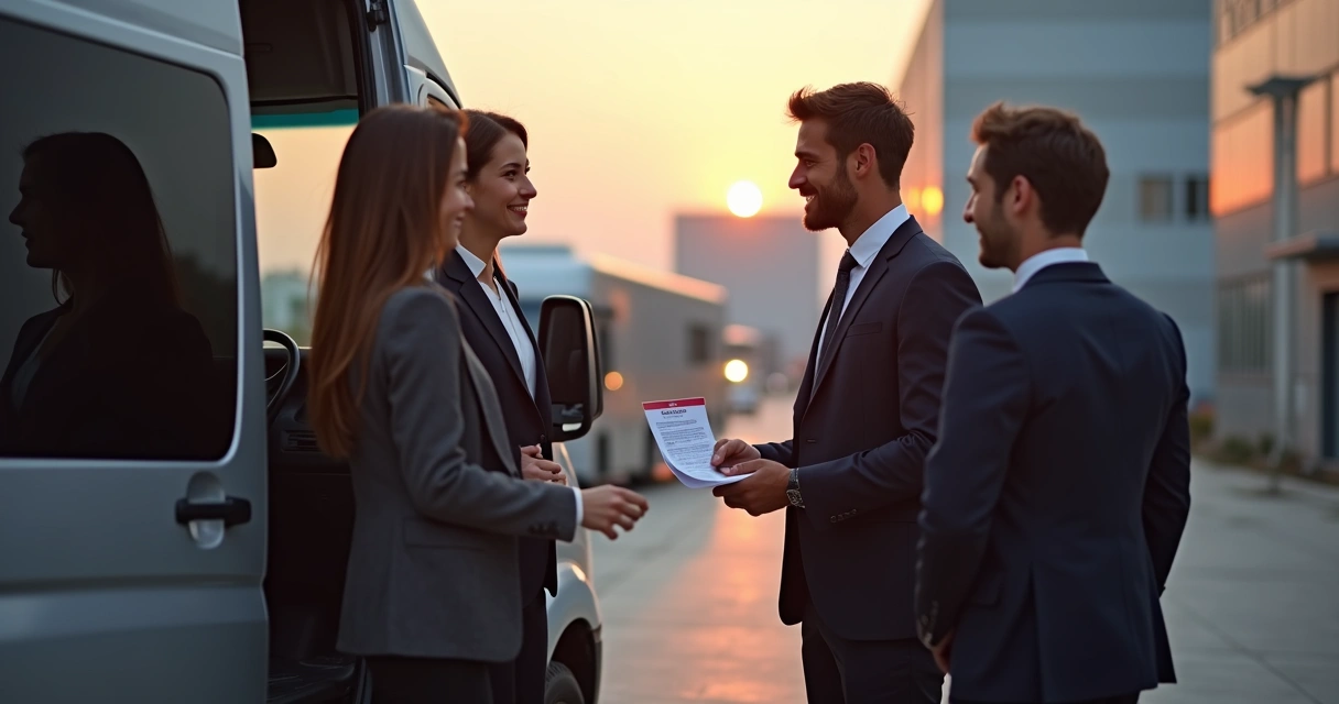 Colaboradores embarcando com segurança em van empresarial 
