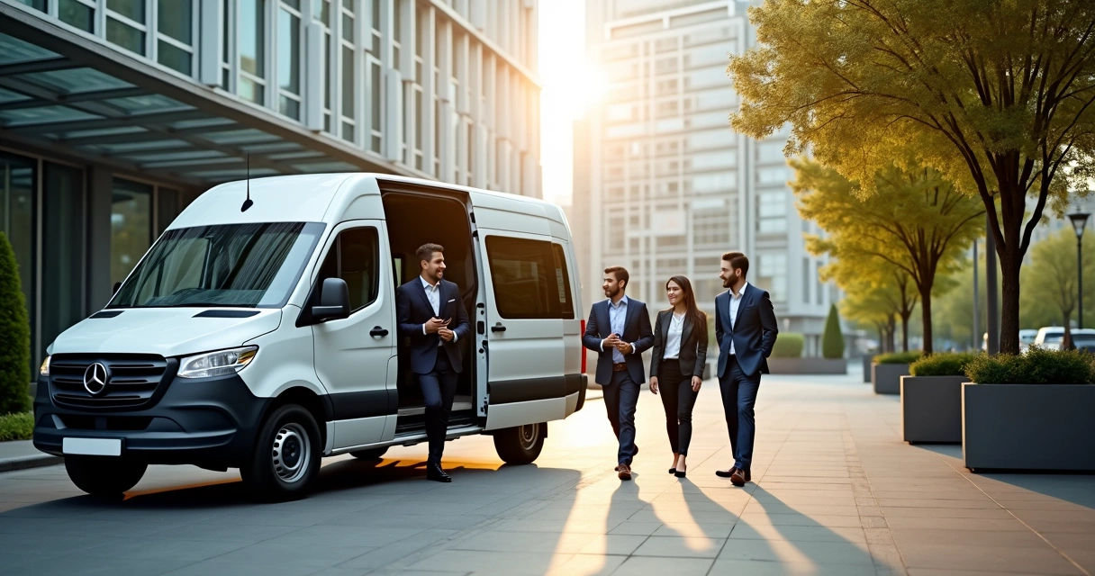 Colaboradores embarcando em van corporativa em frente ao escritório 