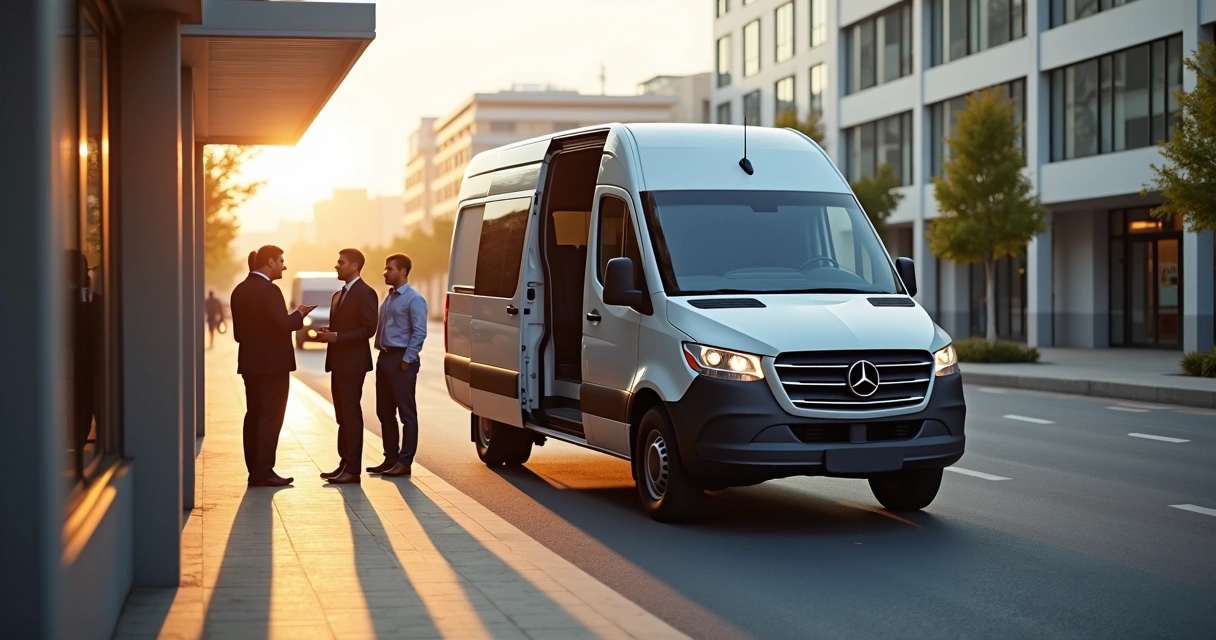 Colaboradores embarcando em van corporativa diante do prédio da empresa 
