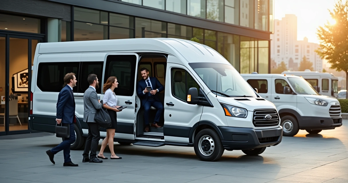 Colaboradores embarcando em van corporativa moderna